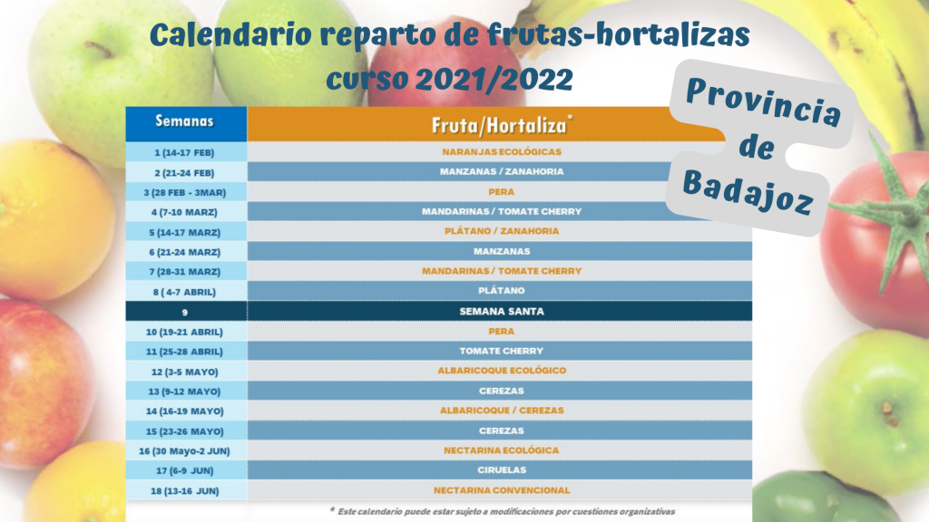 Calendario reparto de frutas curso 20212022 Badajoz